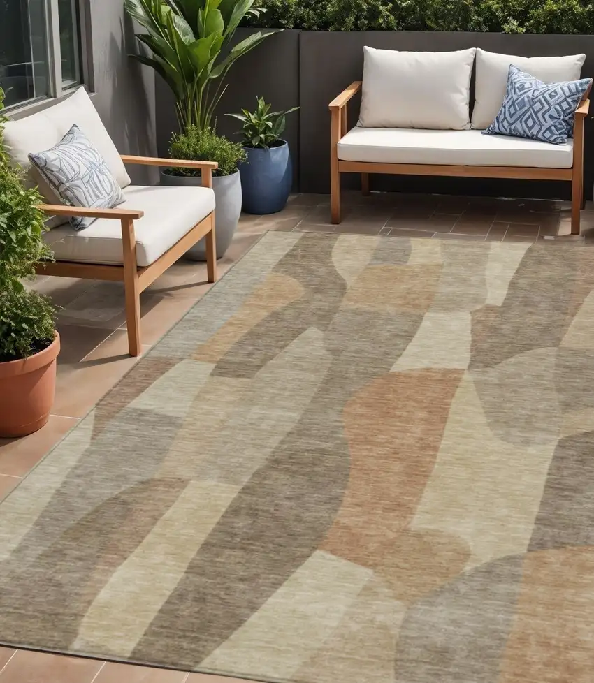 Khaki And Beige Abstract Washable Indoor Outdoor Area Rug Photo 1