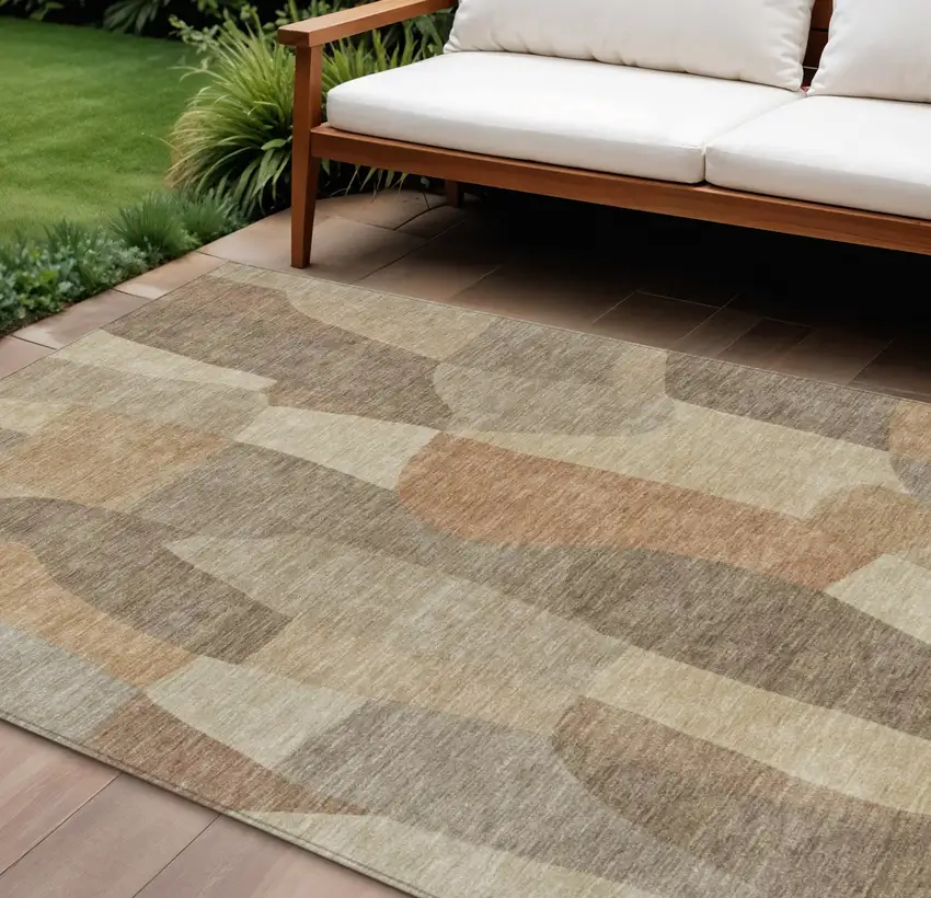Khaki And Beige Abstract Washable Indoor Outdoor Area Rug Photo 1