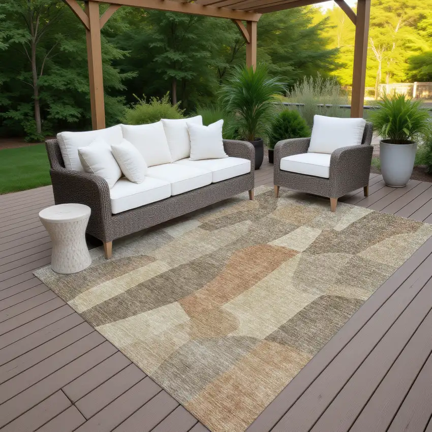 Khaki And Beige Abstract Washable Indoor Outdoor Area Rug Photo 9