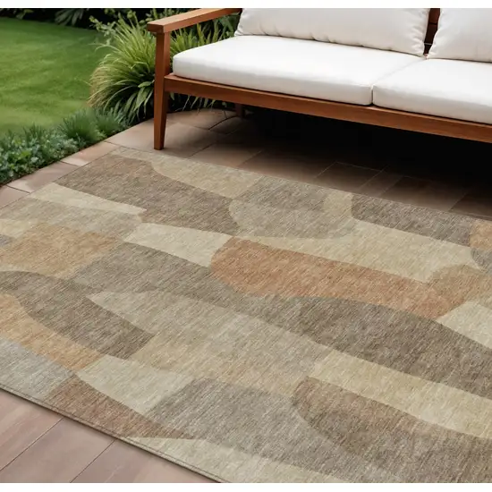 Khaki And Beige Abstract Washable Indoor Outdoor Area Rug Photo 1