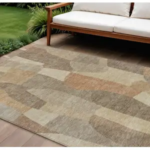 Photo of Khaki And Beige Abstract Washable Indoor Outdoor Area Rug