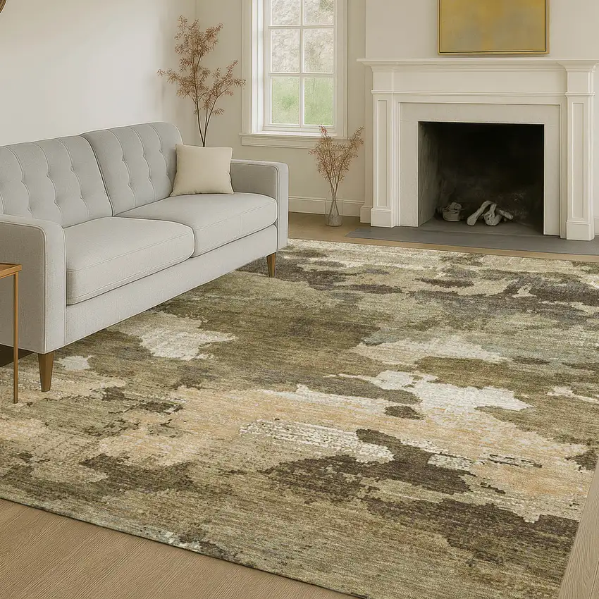 Khaki And Beige Abstract Washable Indoor Outdoor Area Rug Photo 6