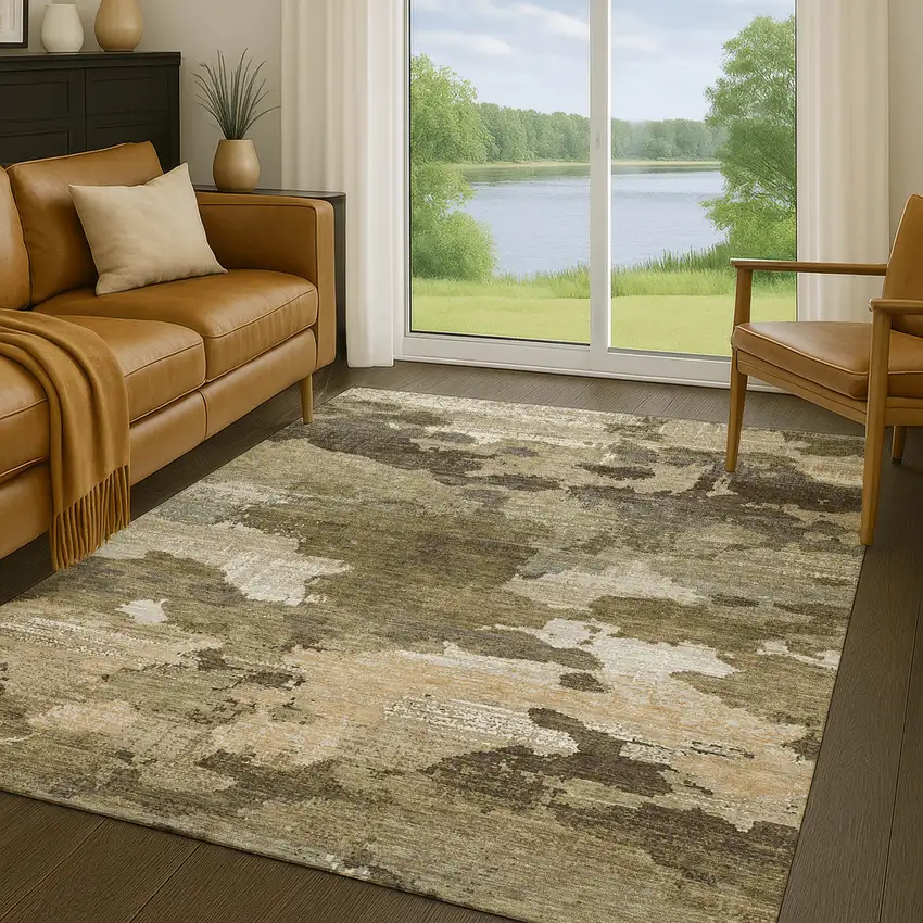 Khaki And Beige Abstract Washable Indoor Outdoor Area Rug Photo 5
