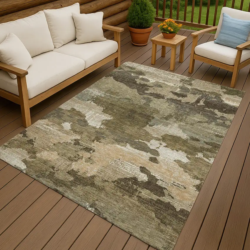 Khaki And Beige Abstract Washable Indoor Outdoor Area Rug Photo 4