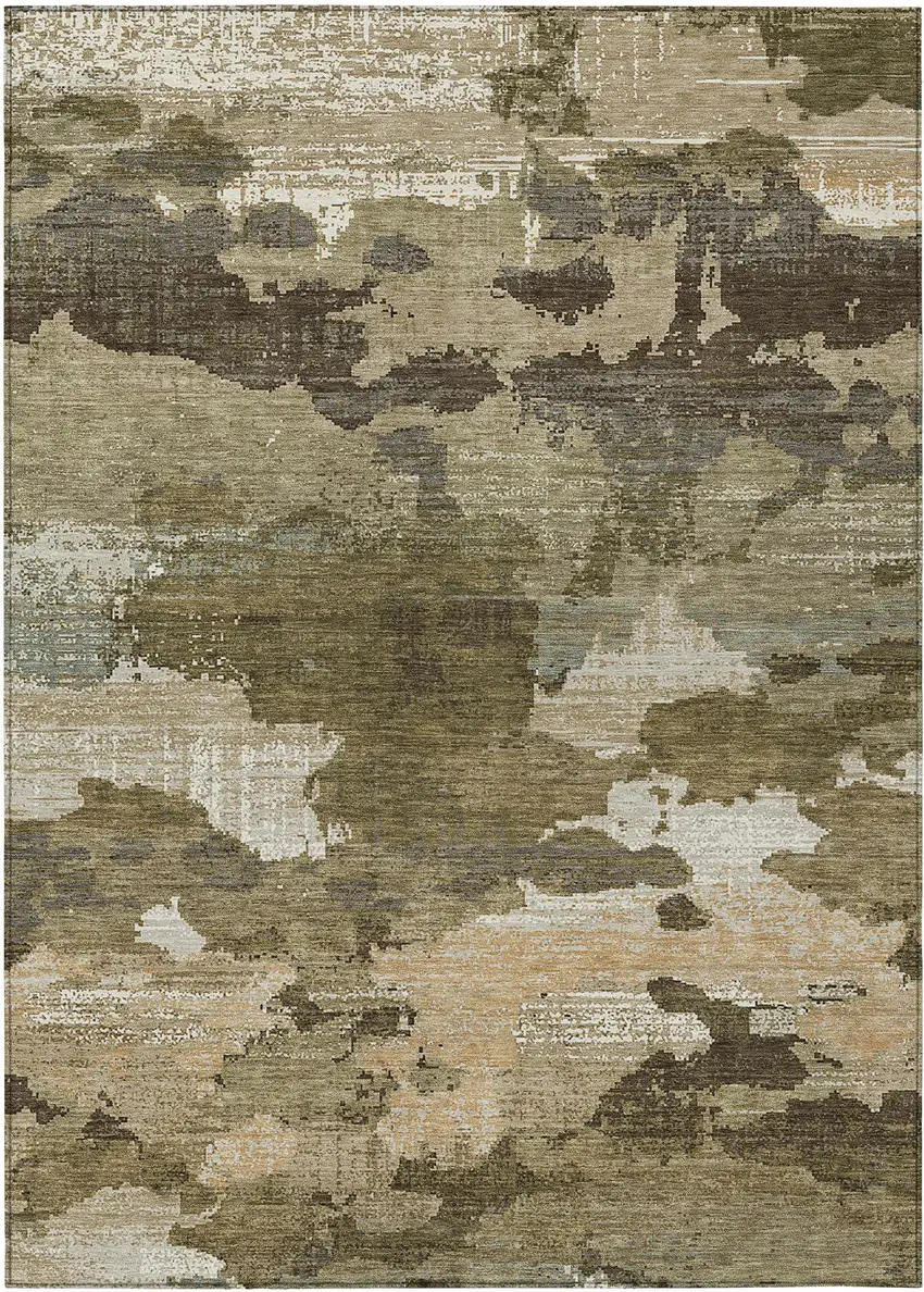 Khaki And Beige Abstract Washable Indoor Outdoor Area Rug Photo 1