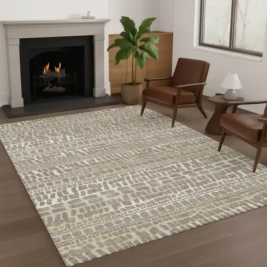 Khaki And Beige Abstract Washable Indoor Outdoor Area Rug Photo 6