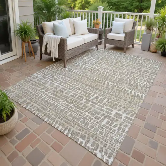 Khaki And Beige Abstract Washable Indoor Outdoor Area Rug Photo 4