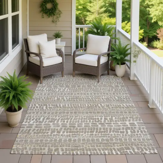 Khaki And Beige Abstract Washable Indoor Outdoor Area Rug Photo 7