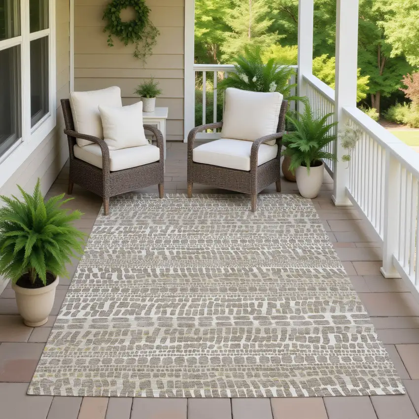 Khaki And Beige Abstract Washable Indoor Outdoor Area Rug Photo 6