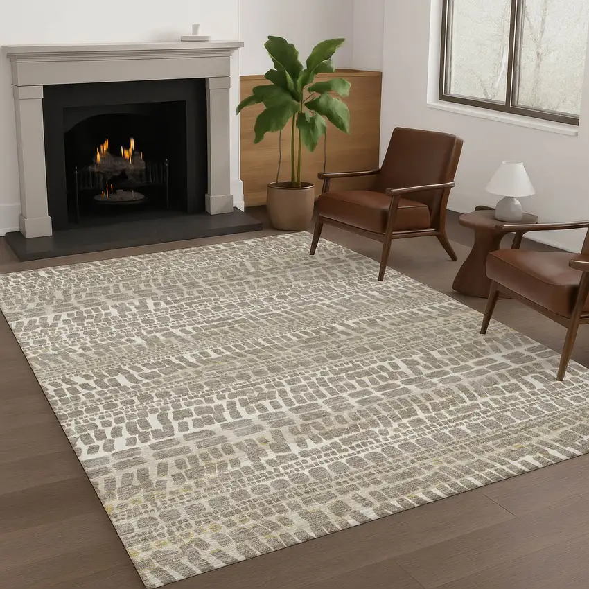 Khaki And Beige Abstract Washable Indoor Outdoor Area Rug Photo 5