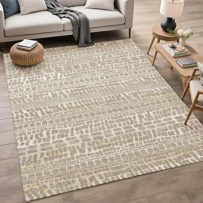 Khaki And Beige Abstract Washable Indoor Outdoor Area Rug Photo 5