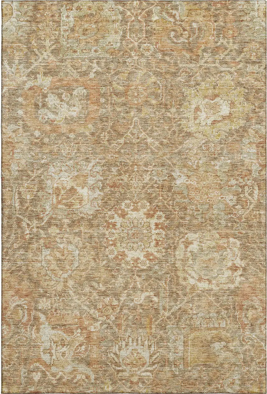Khaki And Beige Damask Washable Area Rug With UV Protection Photo 1