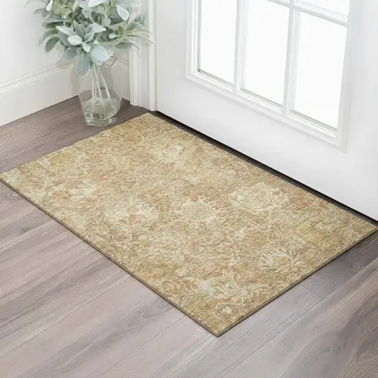 Khaki And Beige Damask Washable Area Rug With UV Protection Photo 2