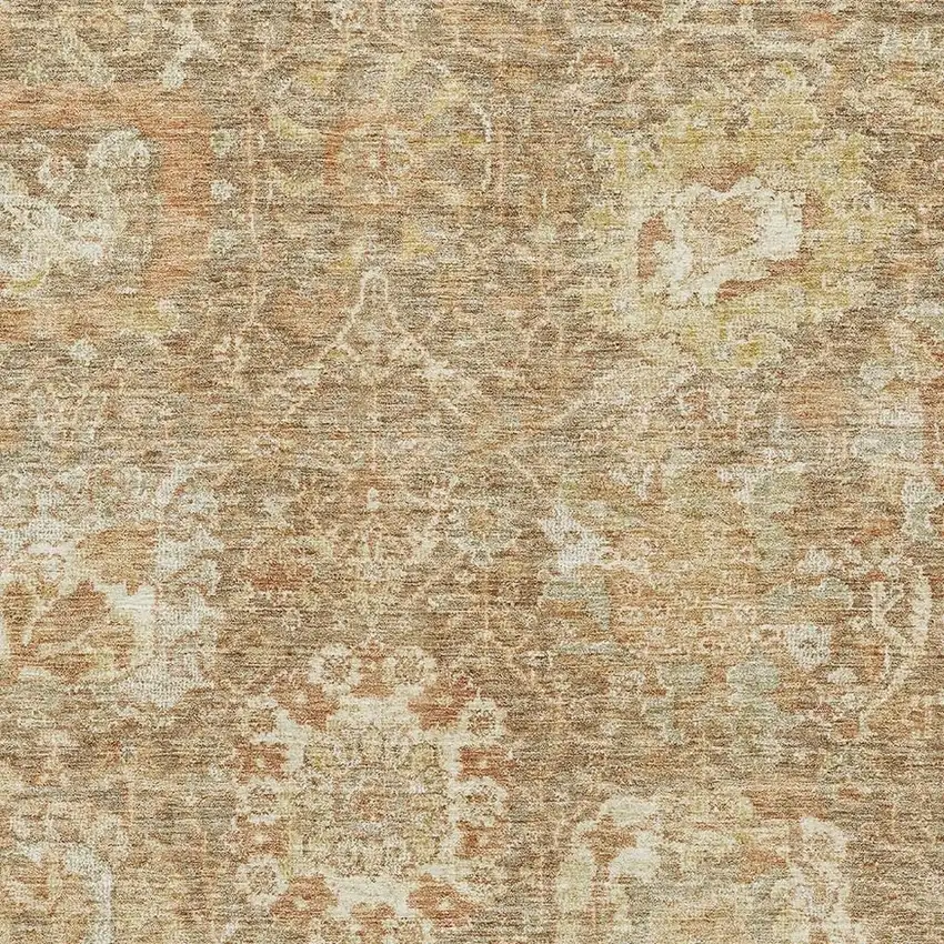 Khaki And Beige Damask Washable Area Rug With UV Protection Photo 2