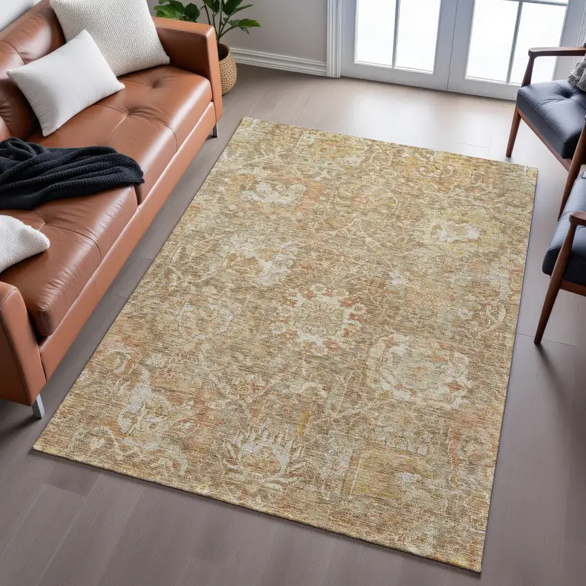 Khaki And Beige Damask Washable Area Rug With UV Protection Photo 5