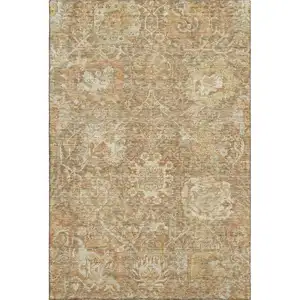 Photo of Khaki And Beige Damask Washable Area Rug With UV Protection