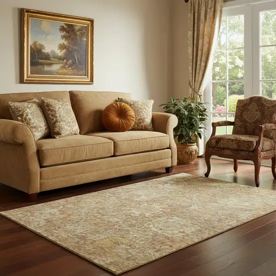 Khaki And Beige Damask Washable Area Rug With UV Protection Photo 2