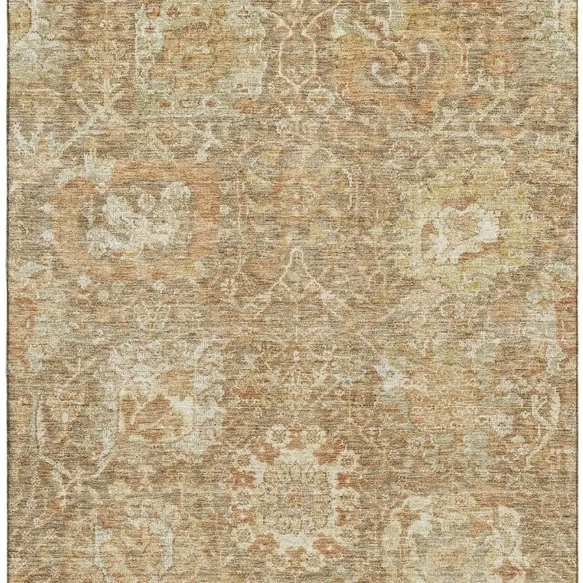 Khaki And Beige Damask Washable Area Rug With UV Protection Photo 3