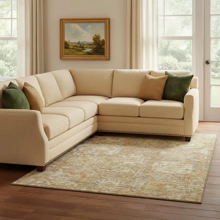 Khaki And Beige Damask Washable Area Rug With UV Protection Photo 2