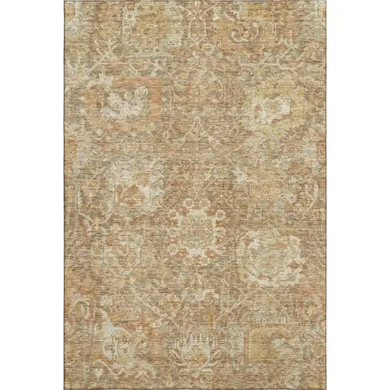 Khaki And Beige Damask Washable Area Rug With UV Protection Photo 1
