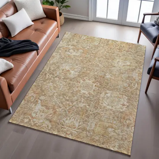 Khaki And Beige Damask Washable Area Rug With UV Protection Photo 5