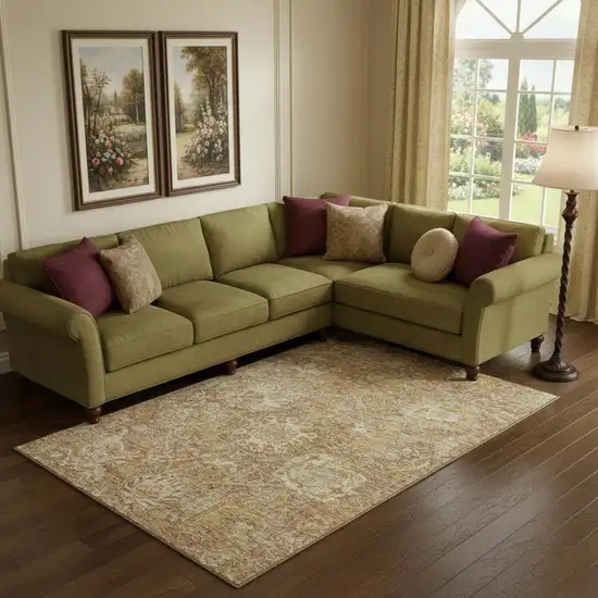 Khaki And Beige Damask Washable Area Rug With UV Protection Photo 2