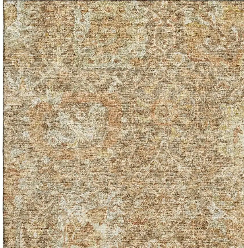 Khaki And Beige Damask Washable Area Rug With UV Protection Photo 2