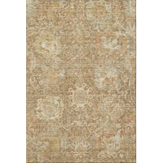 Khaki And Beige Damask Washable Area Rug With UV Protection Photo 3