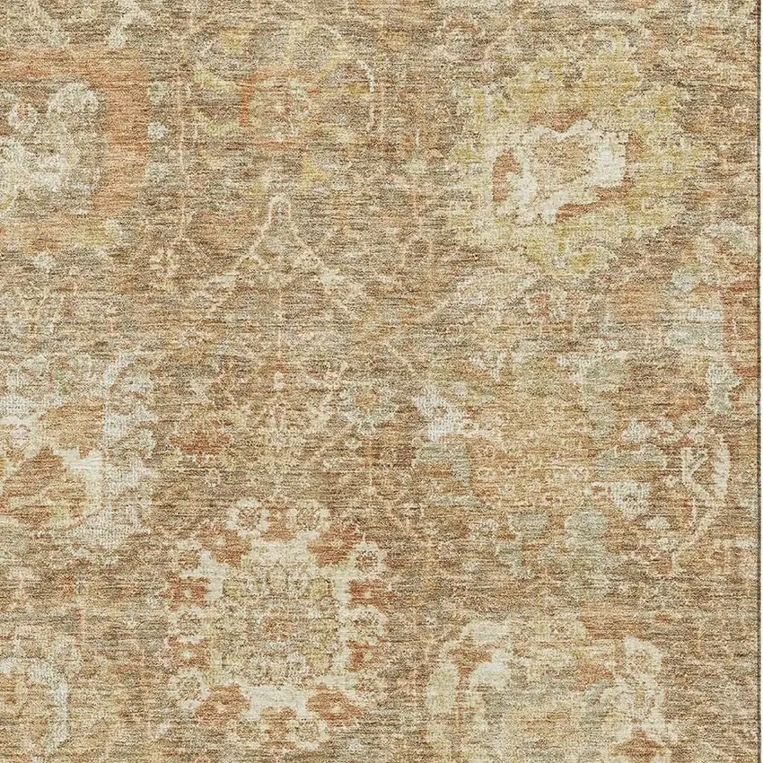 Khaki And Beige Damask Washable Area Rug With UV Protection Photo 2