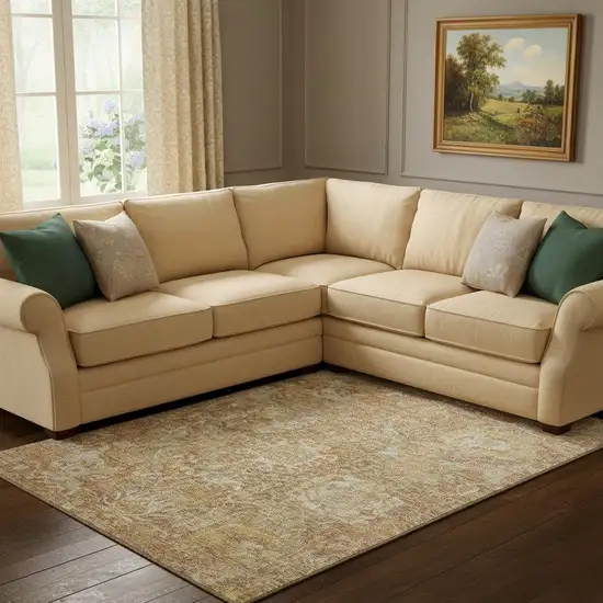 Khaki And Beige Damask Washable Area Rug With UV Protection Photo 2