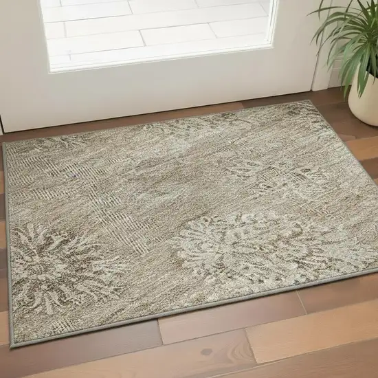 Khaki And Beige Floral Washable Area Rug With UV Protection Photo 2