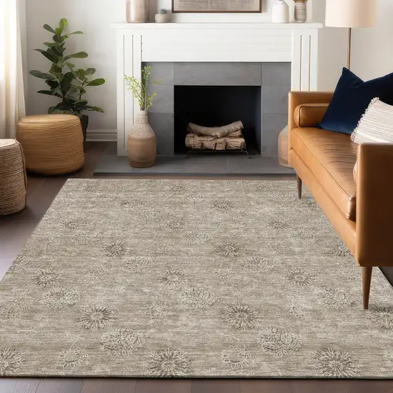 Khaki And Beige Floral Washable Area Rug With UV Protection Photo 5