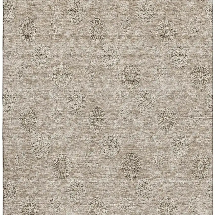 Khaki And Beige Floral Washable Area Rug With UV Protection Photo 5