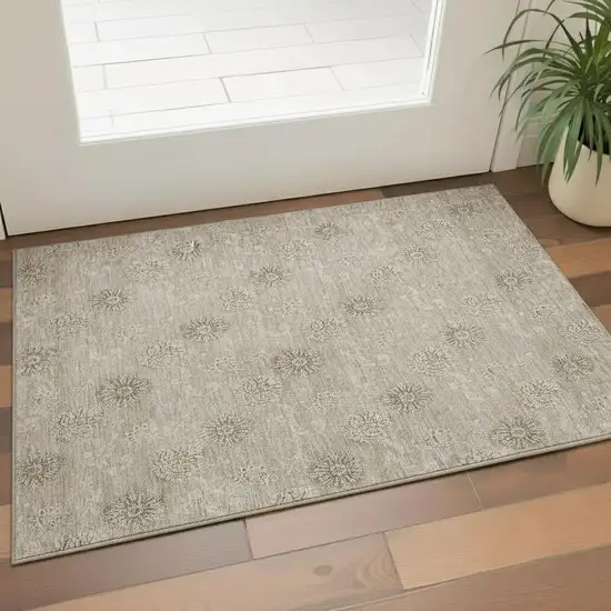 Khaki And Beige Floral Washable Area Rug With UV Protection Photo 1