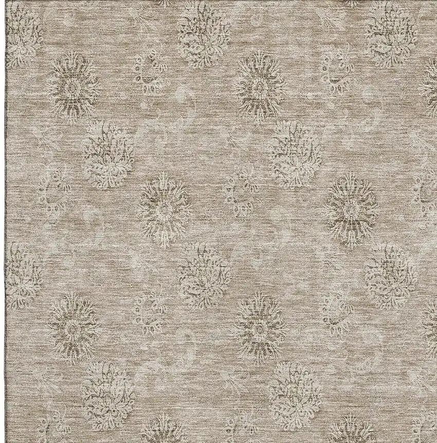 Khaki And Beige Floral Washable Area Rug With UV Protection Photo 4
