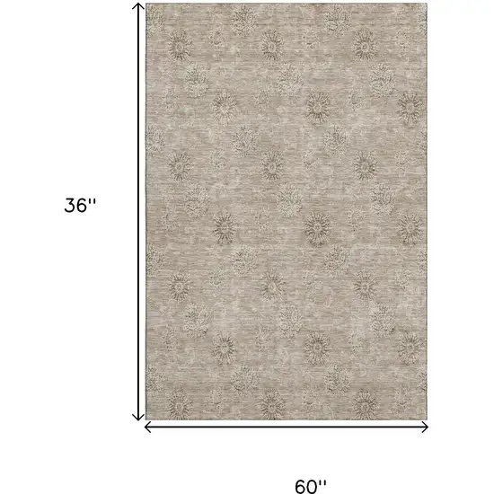 Khaki And Beige Floral Washable Area Rug With UV Protection Photo 3