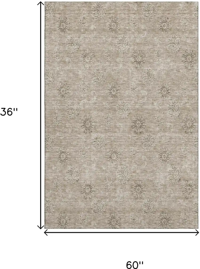 Khaki And Beige Floral Washable Area Rug With UV Protection Photo 3