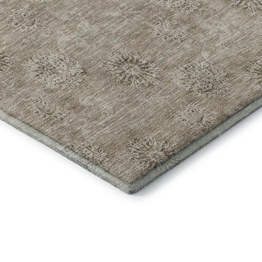 Khaki And Beige Floral Washable Area Rug With UV Protection Photo 8