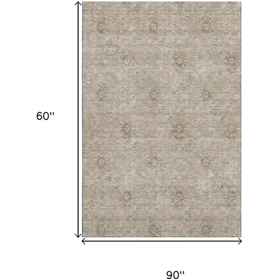 Khaki And Beige Floral Washable Area Rug With UV Protection Photo 3