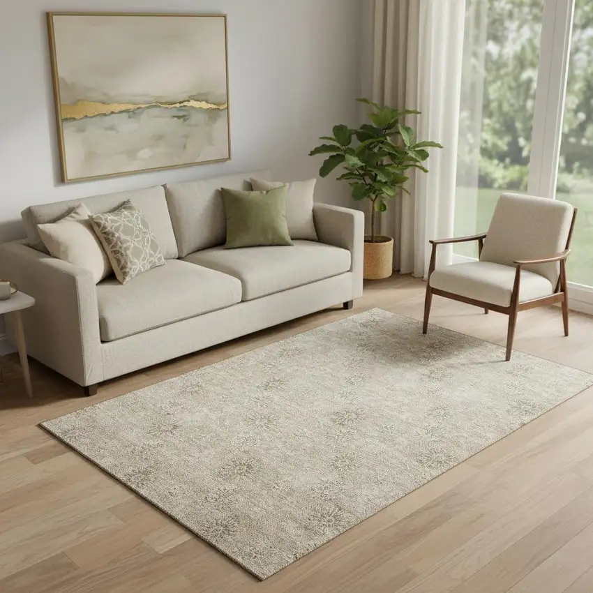 Khaki And Beige Floral Washable Area Rug With UV Protection Photo 1