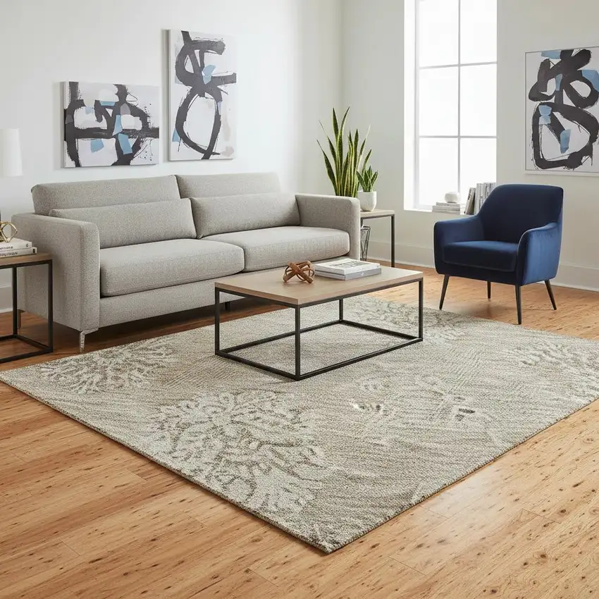 Khaki And Beige Floral Washable Area Rug With UV Protection Photo 2