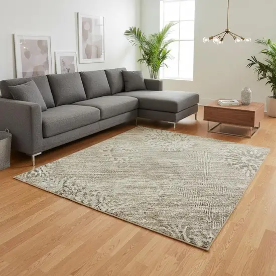 Khaki And Beige Floral Washable Area Rug With UV Protection Photo 2