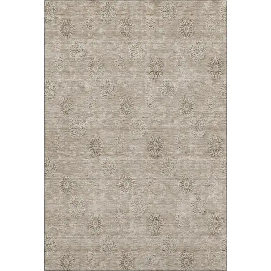 Khaki And Beige Floral Washable Area Rug With UV Protection Photo 6