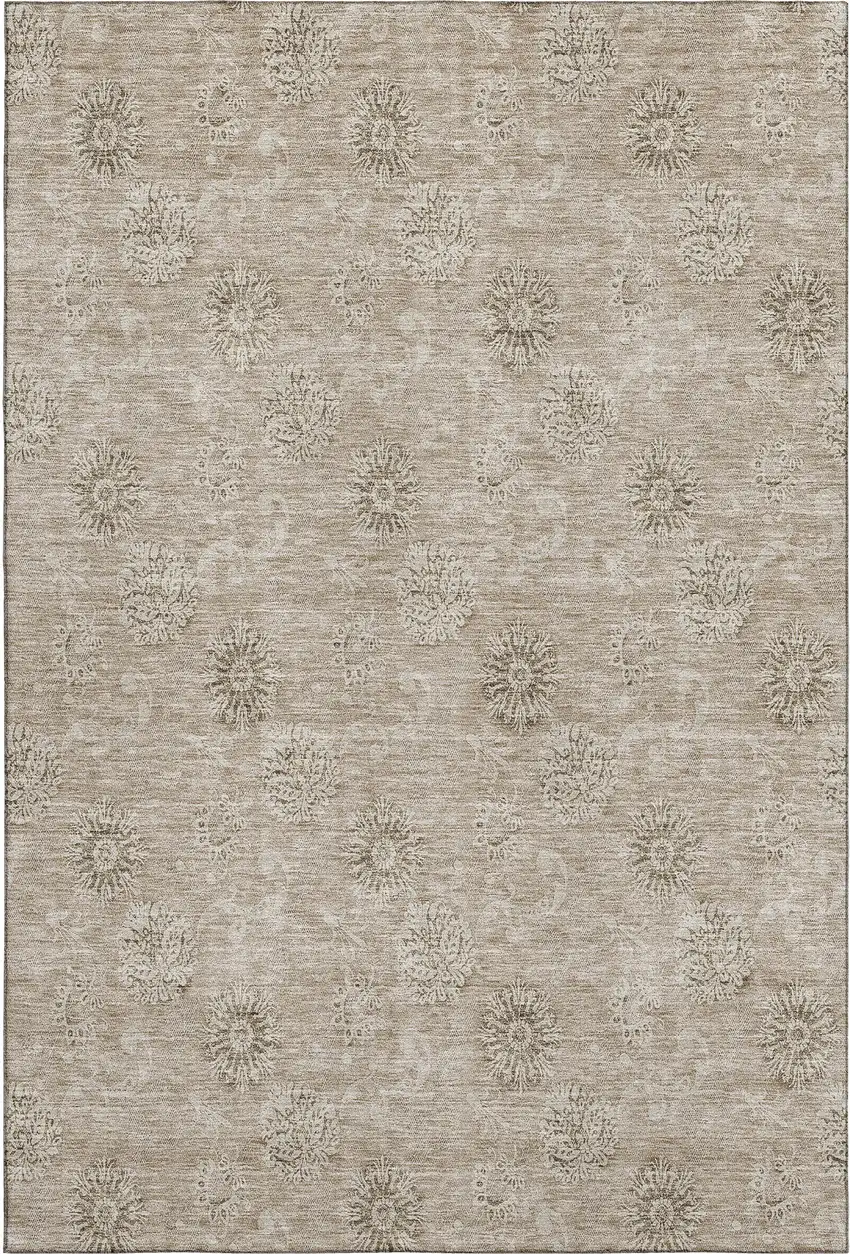 Khaki And Beige Floral Washable Area Rug With UV Protection Photo 6