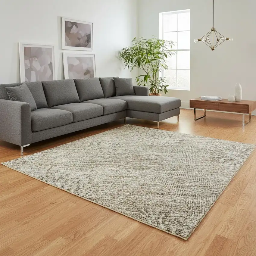 Khaki And Beige Floral Washable Area Rug With UV Protection Photo 2