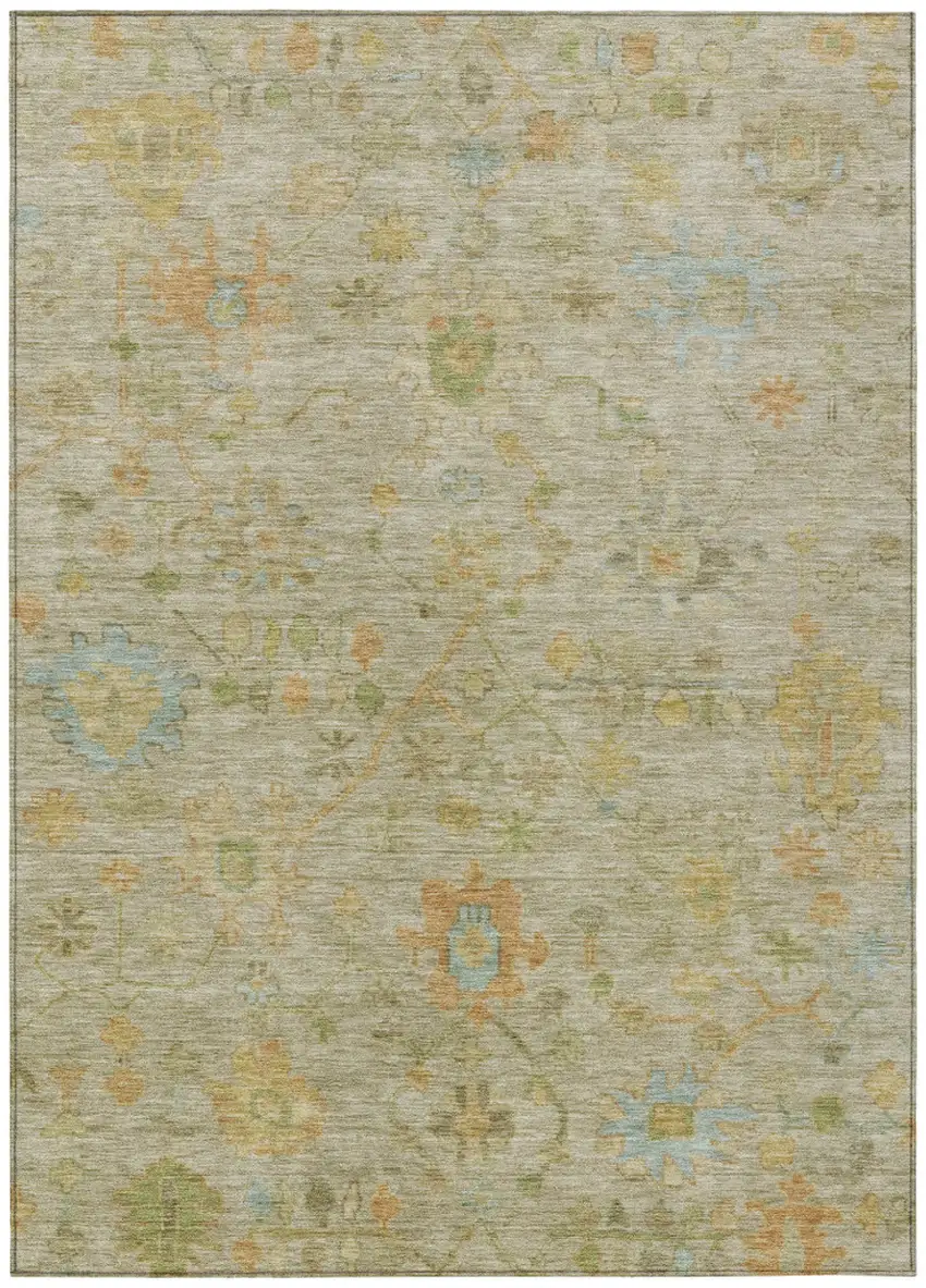 Khaki And Beige Floral Washable Indoor Outdoor Area Rug Photo 1