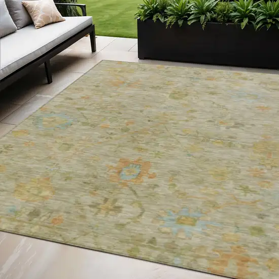 Khaki And Beige Floral Washable Indoor Outdoor Area Rug Photo 2