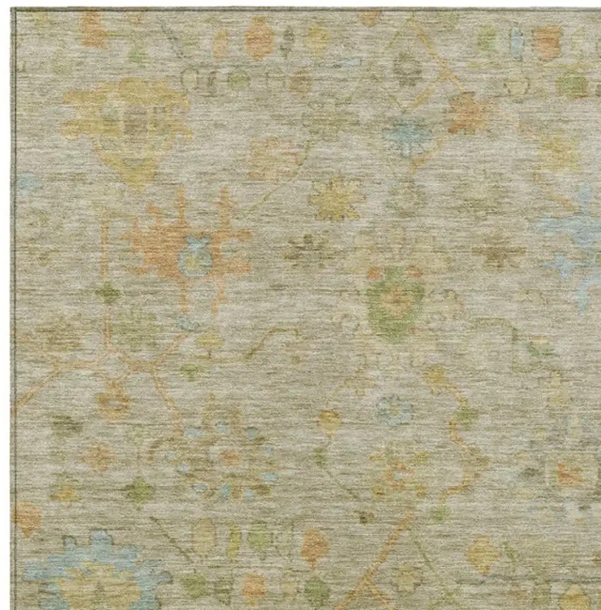 Khaki And Beige Floral Washable Indoor Outdoor Area Rug Photo 3