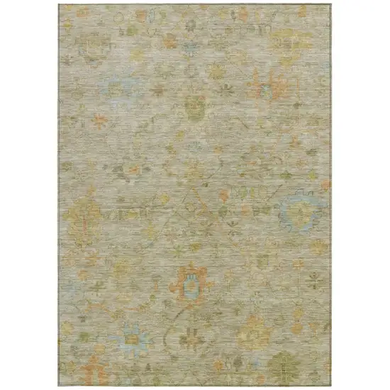 Khaki And Beige Floral Washable Indoor Outdoor Area Rug Photo 4