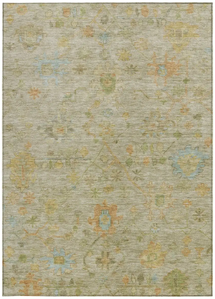 Khaki And Beige Floral Washable Indoor Outdoor Area Rug Photo 4